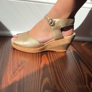 Dansko gold leather strap open toed clogs